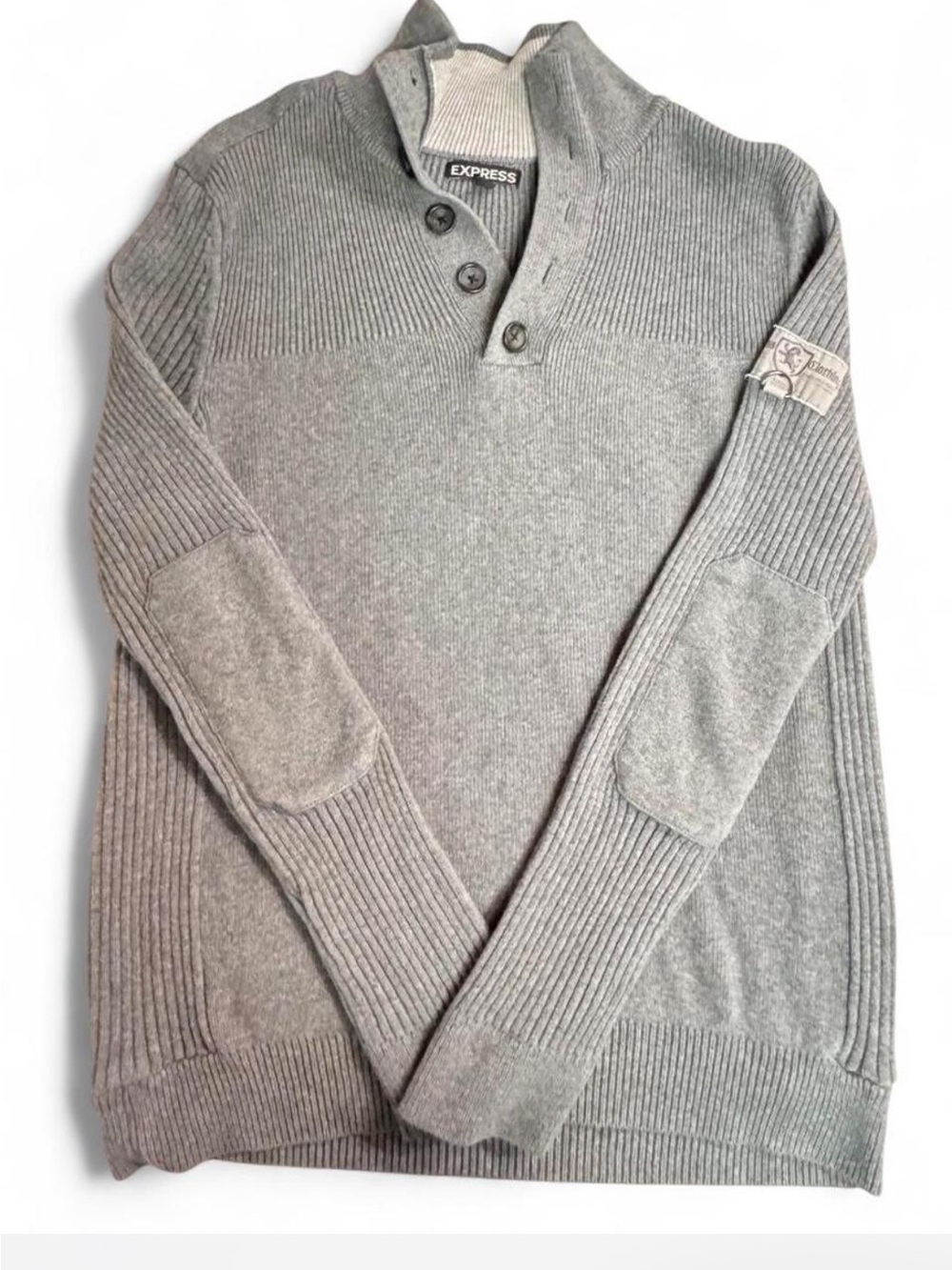 Express Men's Light Gray Button-Neck Ribbed Turtleneck Sweater